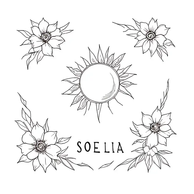 Press Name Soelia Inside A Very Fine Line With Flowers And A Sun