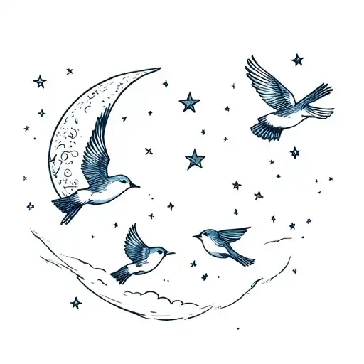 3 Little Birds Flying To The Night Sky With Stars And Moon