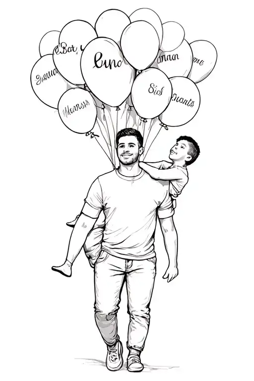 Man Carrying His Son With Balloons With Names