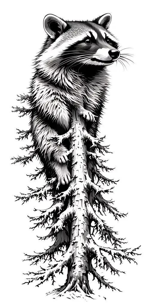 Full Forest Landscape With Raccoon Side Profile Emerging From The Top Of The Trees