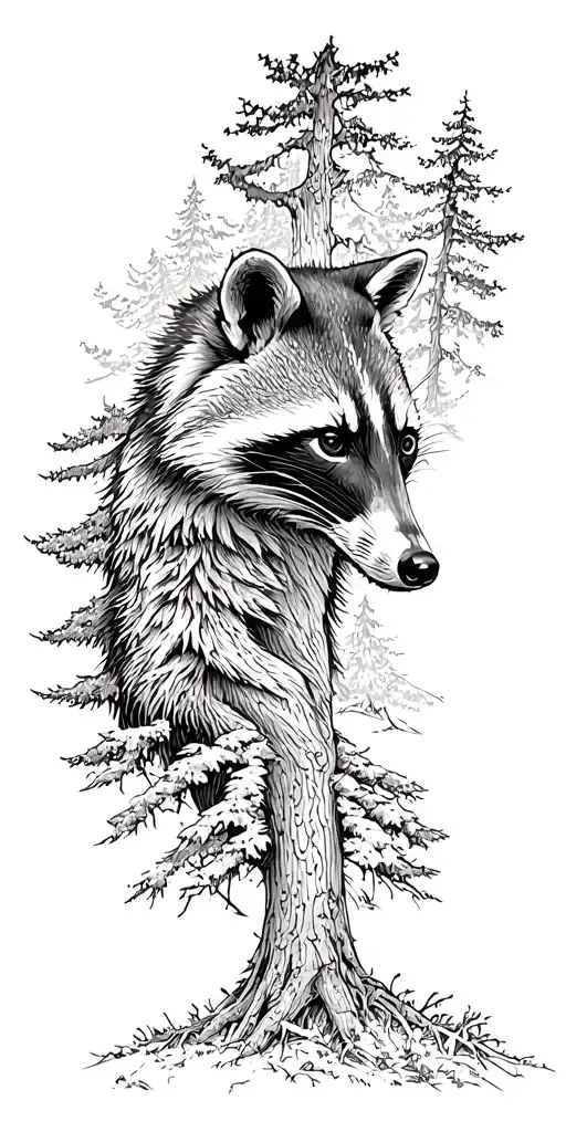 Full Forest Landscape With Raccoon Side Profile Emerging