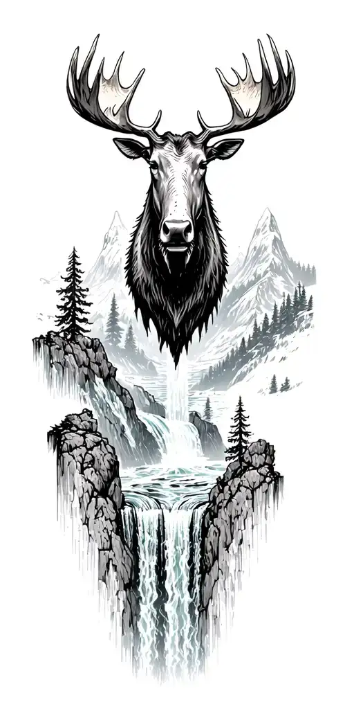 Cascading Waterfall Scene With Moose Head Emerging