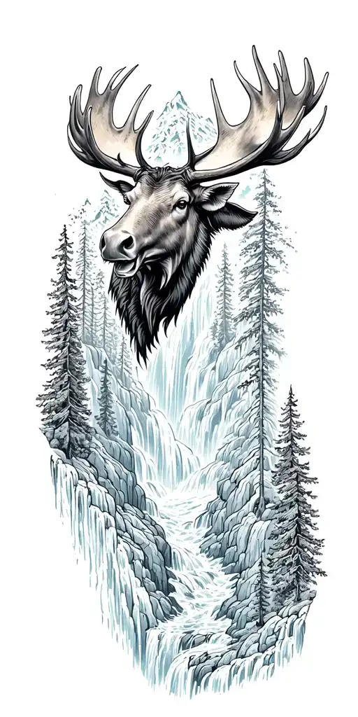 Cascading Waterfall Scene Intertwined With Moose Head Emerging