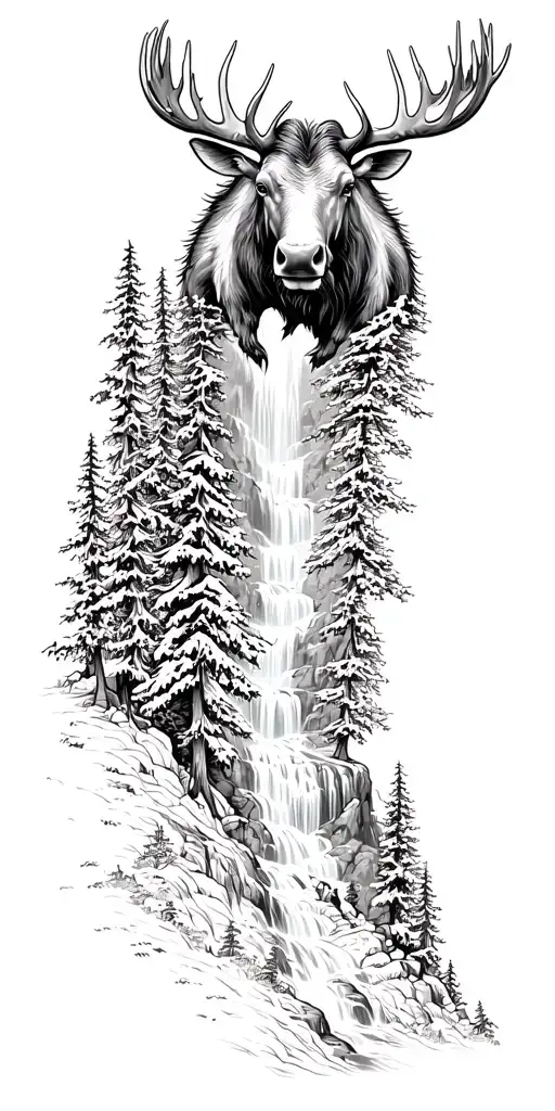 Cascading Waterfall Scene Intertwined With Moose Head Emerging From The Trees