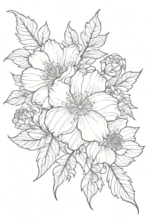A Tattoo Design Incorporating Both The July And October Birth Flowers In A Sketch Style