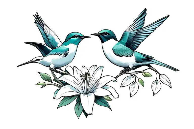 Two Swallows Each Holding Lily Flower And Olive Branch