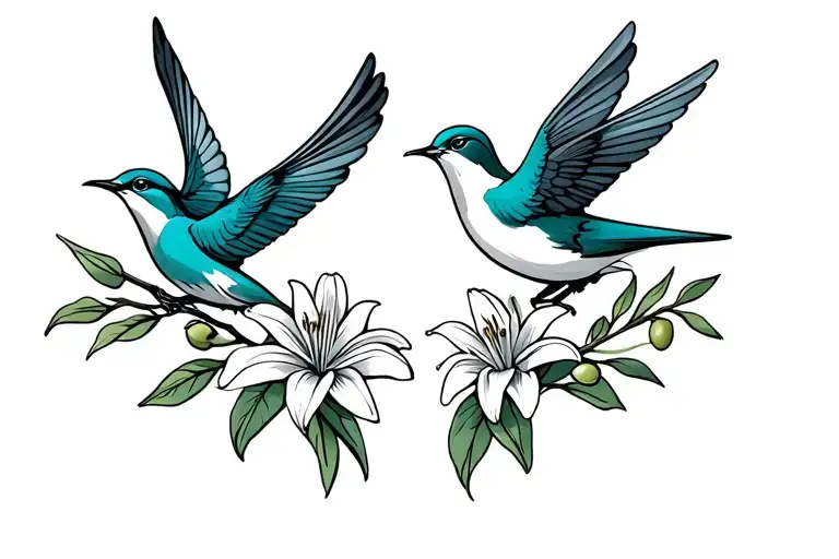 Two Swallows Each Holding Lily Flower And Olive Branch