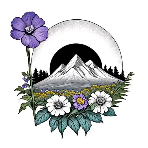 A Sun With A Mountain And A Primrose A Violet And A Marigold In The Forground