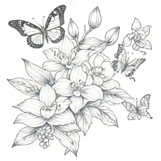 Lavender Water Lillies And Orchid With Butterfly Flying