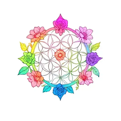 Flower Of Life With Chakras Colors And Rose And Life Flowers Around It