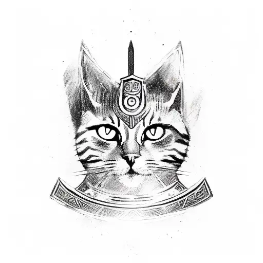 A Sketch Of A Warrior Woman With A Shield Adorned With A Cat Face