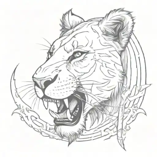 A Sketch Style Tattoo Of A Fierce Lioness With A Dagger Clenched Between Her Teeth