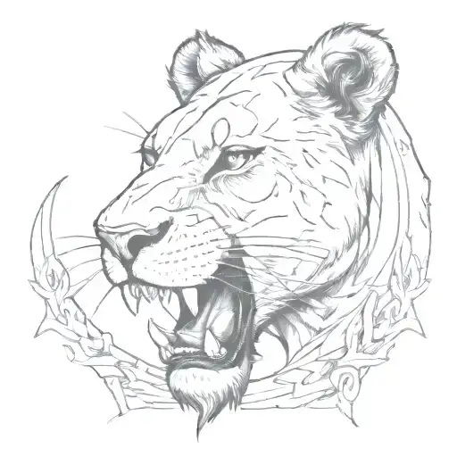 A Sketch Style Tattoo Of A Fierce Lioness With A Dagger Clenched Between Her Teeth