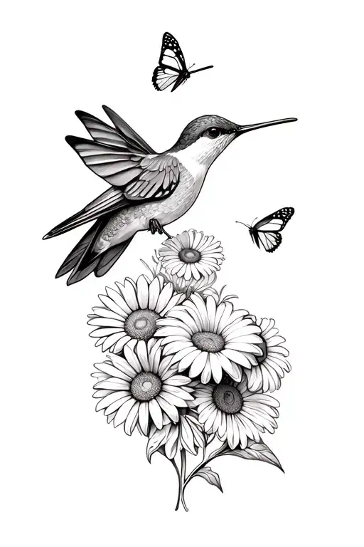 Hummingbird And Gerber Daisies With Butterflies