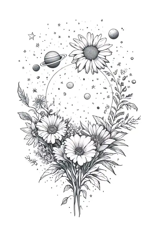 February Flowers And June Flowers And Universe In The Middle With Stars And Planets
