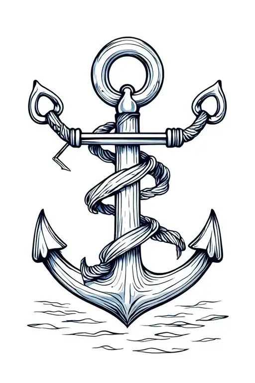 Fine Line Anchor Tattoo With Fishing Hook Wrapped Around