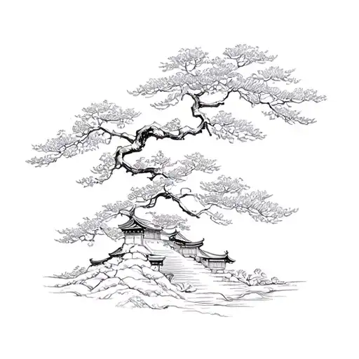 Korean Traditional Style Tattoo Featuring Sonamoo Tree And Hanok