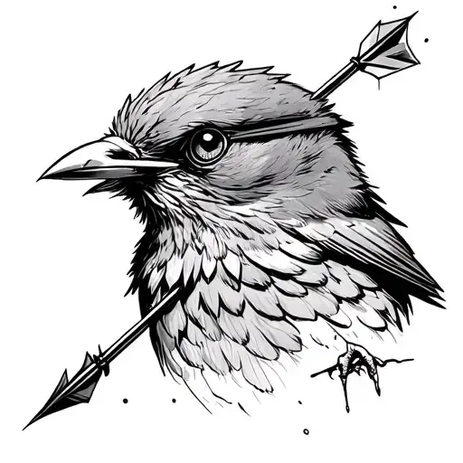 Bird With Blindfolded Eyes Stabbed With Arrow Piercing Chest