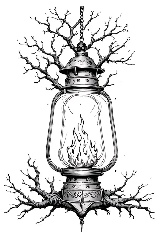 Old Lattern With Fire Inside Hanging On Full Scale Tree