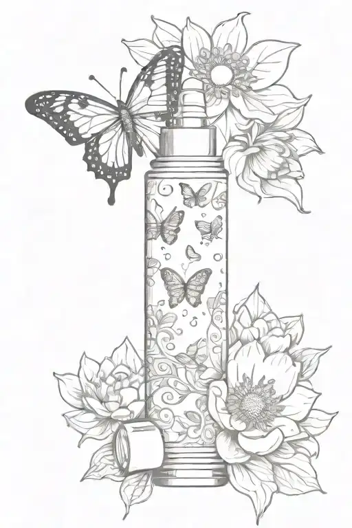 Butterfly Sitting On Lipstick Tube With Lotus Flowers And Make Up Bottle
