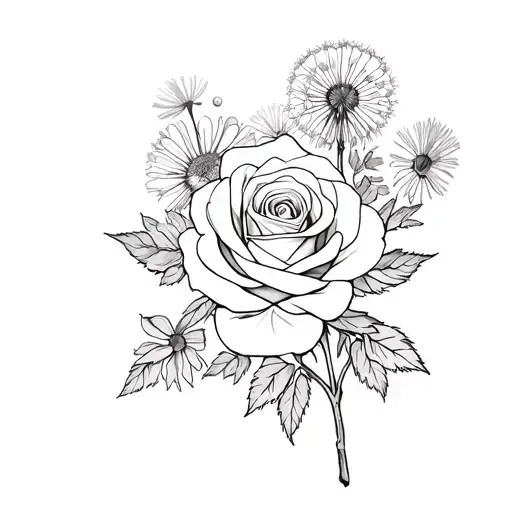 Rose Intertwined With Daisy Dandelion Marigold Flowers A Rose