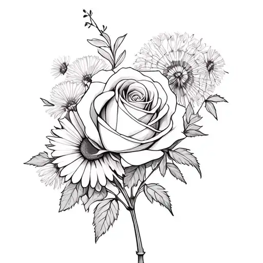 Rose Intertwined With Daisy Dandelion Marigold Flowers A Rose