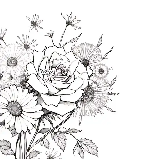 Rose Intertwined With Daisy Dandelion Marigold Flowers