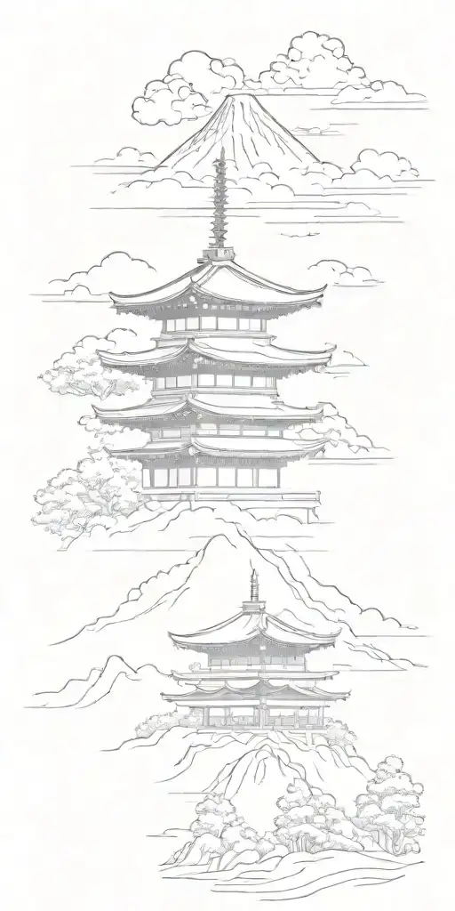 A 6 Floors Pagoda With Mount Fuji On The Background