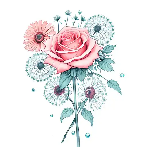 Rose Intertwined With Daisy Dandelion Marigold Flowers With Gems