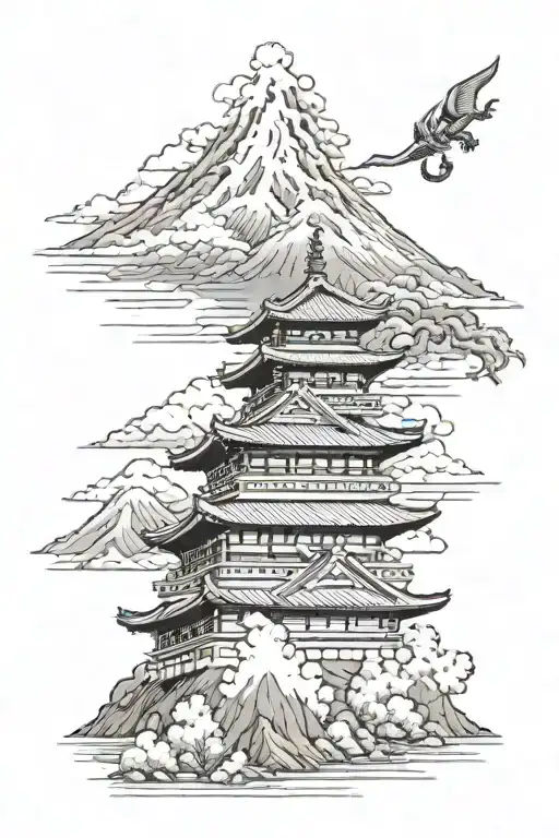 Japanese Landscape With Pagodas With Mount Fuji On Background And A Dragon In The Sky