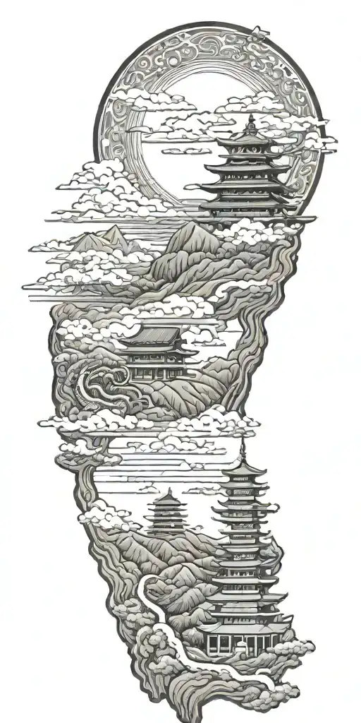 Japanese Landscape With Pagodas With Mount Fuji On Background And A Dragon In The Sky