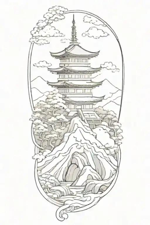 A Japanese Landscape Where There Are Pagodas Sitting On A Mountain-like Snake