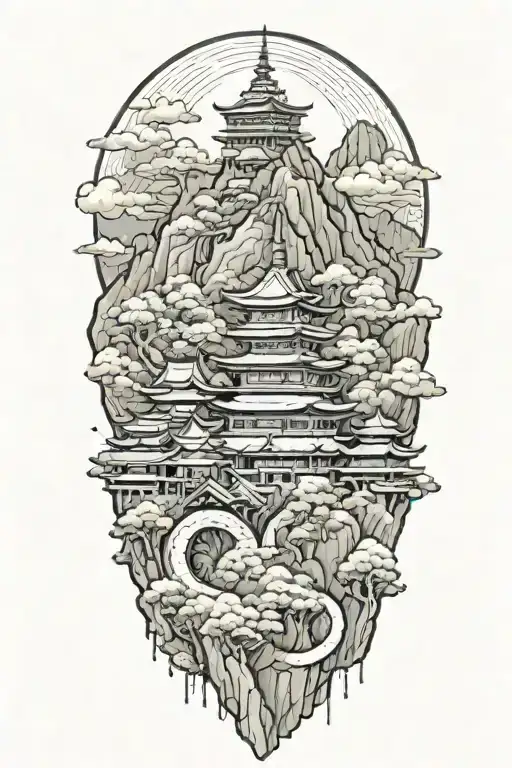 A Japanese Landscape Where There Are Pagodas Sitting On A Mountain-like Snake