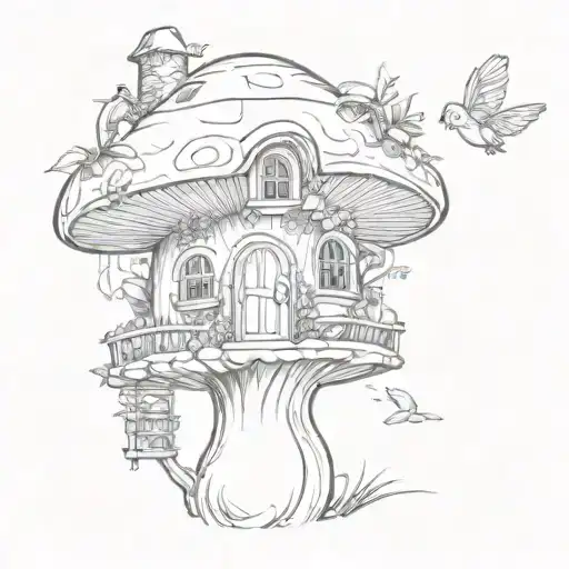 A Mushroom House With A Fairy Flying