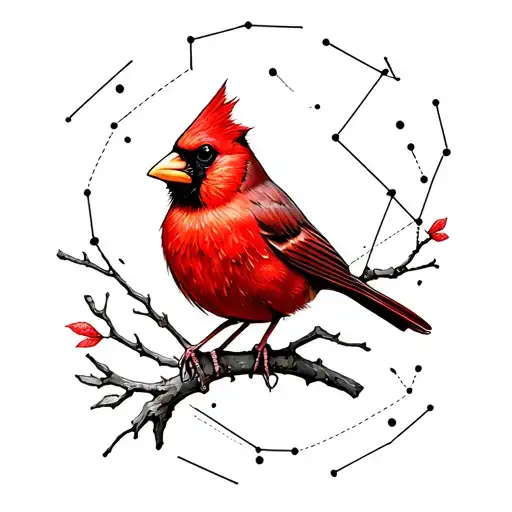 Red Cardinal Bird Sitting On A Branch Shaped Like The Pisces Constellation