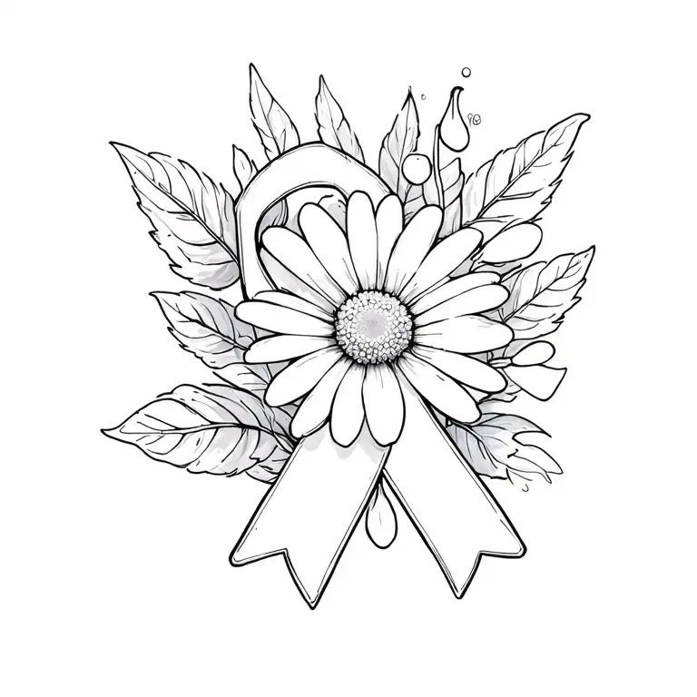 Cancer Ribbon With A Daisy And Snow Drop Flower Intertwined With Leaves Behind