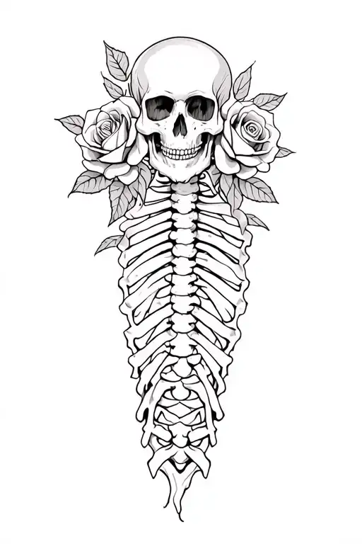 Death Theme Spine Tattoo With Roses