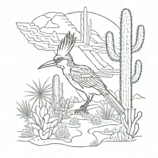 A Zia Symbol With Cactuses Yucca Plants And A Small Road Runner All Inside