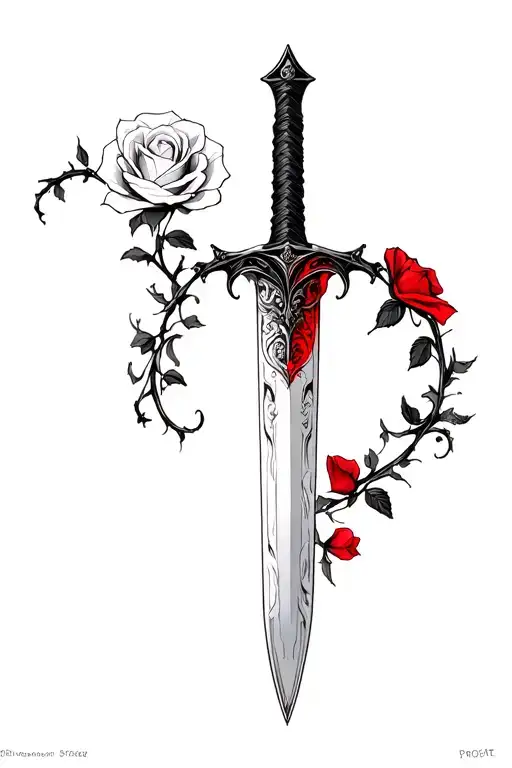 Thin Repiar Sword With Red Black And White Rose Pedals Around The Blade
