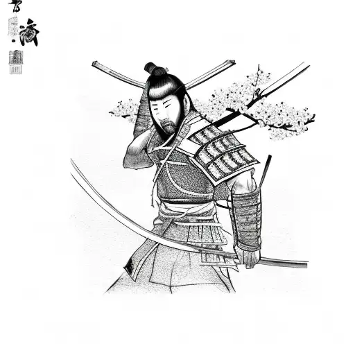 A Detailed Sketch Of A Samurai Warrior Wielding A Katana Under A Cherry Blossom Tree