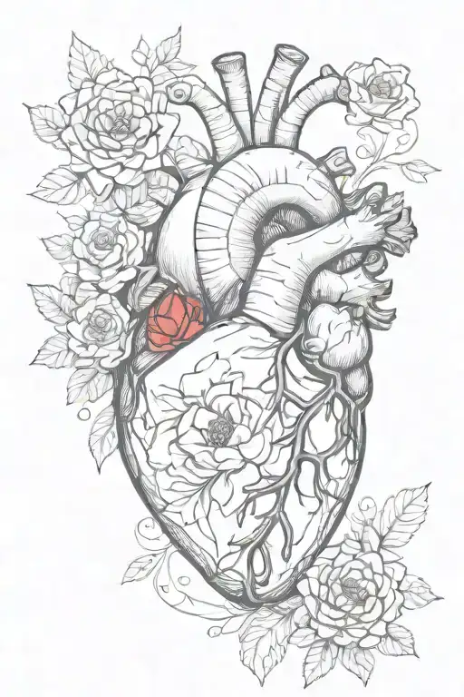 Anatomical Heart With Flowers Intertwined With Red Ink