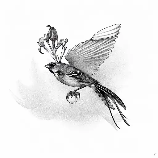 Sparrow With Lily Flower In Mouth