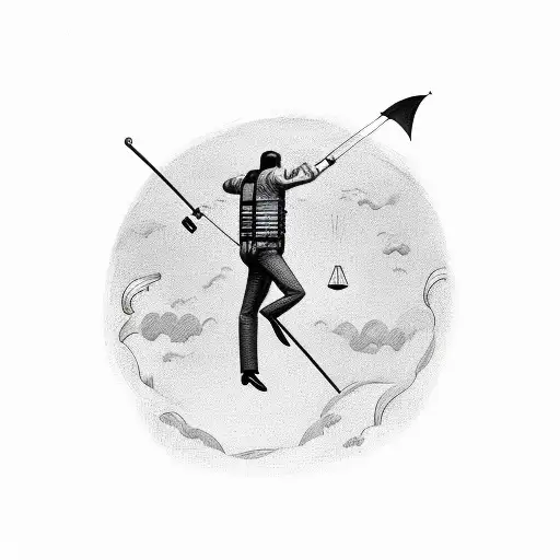 3 Men Floating Off Into Space Each Holding An Umbrella With Curved Handle