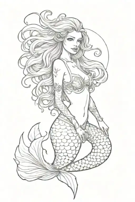 Mermaid With Long Hair Tattoo Holding