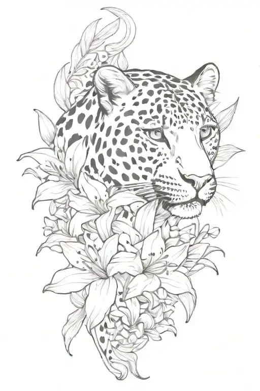 Leopard Full Body Intertwined With Lilies