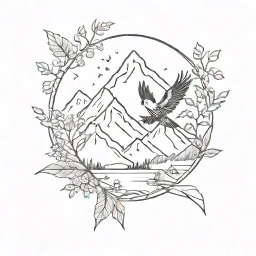 A Small Black And White Tattoo Of Mountains With Some Plants And A Freedom Bird
