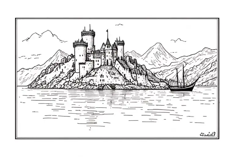 Cearnarfon Castle Overlooking Mountains With Harbour In Front