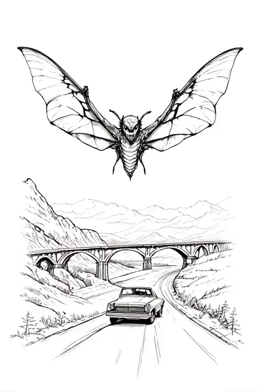 Mothman Flying Over An Oldsmobile Driving Down A Winding Road Along The River Towards A Bridge