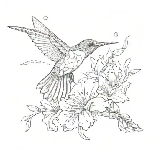 Hummingbird With Flowers Fine Line