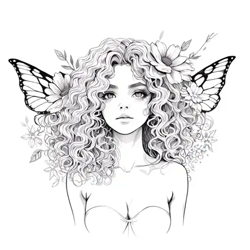Blackfairy With Curly Hair Full Body Pose With Flowers